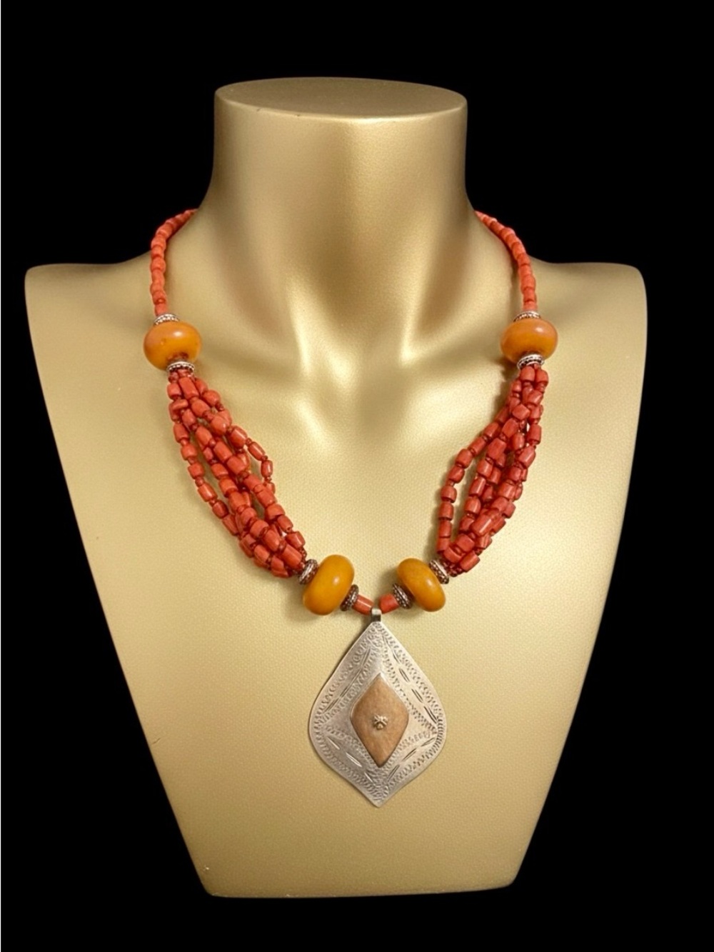 Vintage Berber Necklace Moroccan Tribal Red Coral Amber Resin Beads Ethnic Jewel